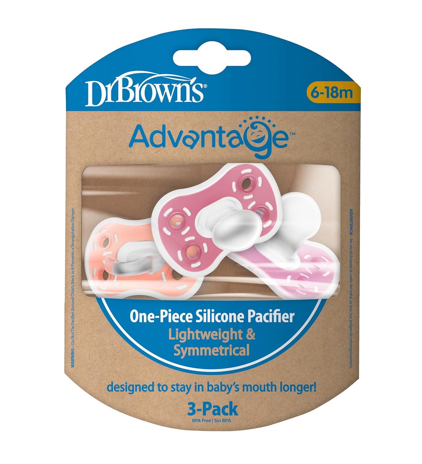 imageDr Browns Advantage OnePiece Silicone Baby Pacifier Fully Symmetrical Soother Dark BlueLight BlueOrange 618m BPA Free 3 Pack3 Pack  CoralLight PinkPink
