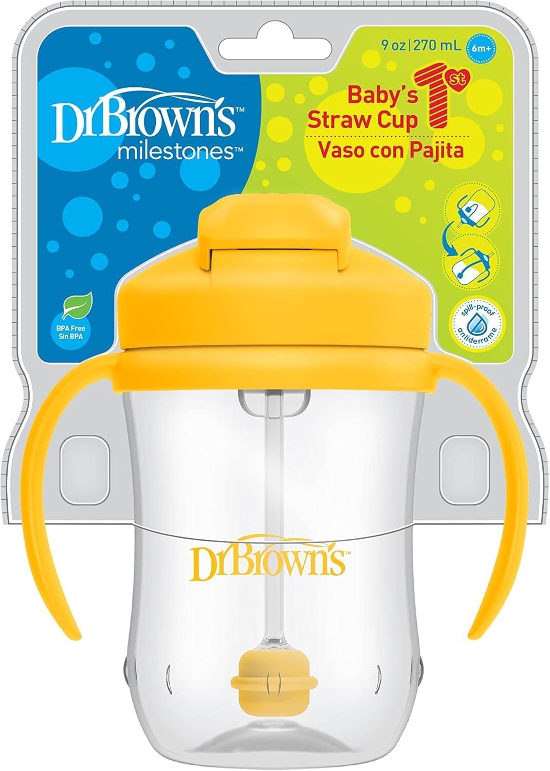 imageDr Browns Milestones Babys First Straw Cup Sippy Cup with Straw 6m 9oz270ml 2 Pack Coral ampamp Olive Green BPA FreeVintage Yellow