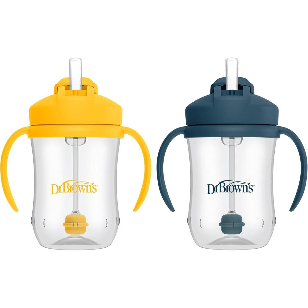 imageDr Browns Milestones Babys First Straw Cup Sippy Cup with Straw 6m 9oz270ml 2 Pack Coral ampamp Olive Green BPA FreeDark Blue  Vintage Yellow