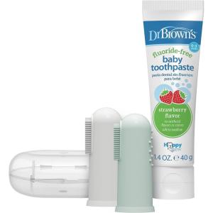 imageDr Browns 100 Silicone Baby Finger Toothbrush and Toothpaste Set 2Pack Toothbrush with Storage Case FluorideFree Strawberry Toddler Toothpaste Gray ampamp LightGreen2 Pack  Gray  LightGreen with Strawberry Toothpaste