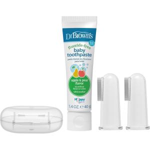 imageDr Browns 100 Silicone Baby Finger Toothbrush and Toothpaste Set 2Pack Toothbrush with Storage Case FluorideFree Strawberry Toddler Toothpaste Gray ampamp LightGreenFinger Toothbrush  Apple Pear Toothpaste