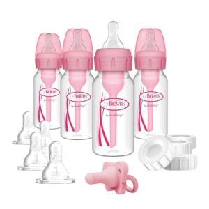 imageDr Browns AntiColic Baby Feeding Set with Slow Flow Nipples Travel Caps Silicone Pacifier  PinkPink  Breast to Bottle Feeding Set