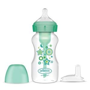 imageDr Browns AntiColic Options WideNeck Sippy Bottle Starter Kit 9oz270mL with Level 3 MediumFast Flow Nipple and Soft 100 Silicone Sippy Spout Blue BPA Free 6m9 oz  Wide  Green