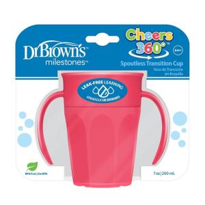 imageDr Browns Milestones Cheers 360 Spoutless Transition Cup Travel Friendly and Leak Free Sippy for Babies and Toddlers Green and Pink BPAFree 10 oz300 mL 9mPink with Handles