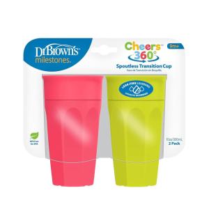 imageDr Browns Milestones Cheers 360 Spoutless Transition Cup Travel Friendly and Leak Free Sippy for Babies and Toddlers Green and Pink BPAFree 10 oz300 mL 9mGreen and Pink