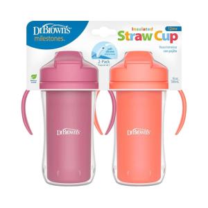 imageDr Browns Milestones Insulated Sippy Cup with Straw and Handles SpillProof Tumbler with Lid 2Pack Pink 10 oz300 mL BPA Free 12m