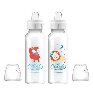 imageDr Browns Milestones Narrow Sippy Bottle 100 Silicone Soft Sippy Spout 8oz250mL Flamingo 6m2 Pack  Fox  Lion
