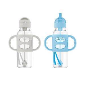 imageDr Browns Milestones Narrow Sippy Straw Bottle SpillProof with 100 Silicone Handles and Weighted Straw 8 oz250 mL Gray ampamp Green 6m1 Count Pack of 2