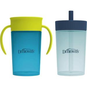 imageDr Browns Milestones Straw to 360 Cup Set Convertible Toddler Training Cup Set with Interchangeable Silicone Straw and 360 Degree Cup Lids Ocean Blue 10 oz300 mL BPA Free 9m 2 PackGreen Blue