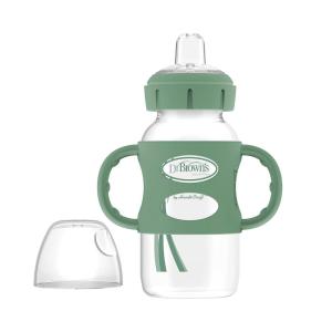imageDr Browns Milestones WideNeck Sippy Spout Bottle with 100 Silicone Handles EasyGrip Handles with Soft Sippy Spout 9oz270mL LightPink ampamp Ecru 2Pack 6m1 Pack  Green