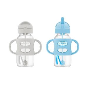 imageDr Browns Milestones WideNeck Sippy Straw Bottle with 100 Silicone Handles and Weighted Straw 9 oz270 mL Blue 6mGray  Blue