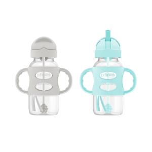 imageDr Browns Milestones WideNeck Sippy Straw Bottle with 100 Silicone Handles and Weighted Straw 9 oz270 mL Blue 6mGray  Green