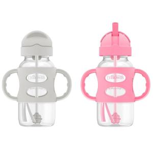 imageDr Browns Milestones WideNeck Sippy Straw Bottle with 100 Silicone Handles and Weighted Straw 9 oz270 mL Blue 6mGray  Pink