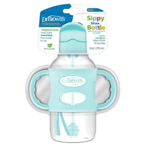 imageDr Browns Milestones WideNeck Sippy Straw Bottle with 100 Silicone Handles and Weighted Straw 9 oz270 mL Blue 6mGreen