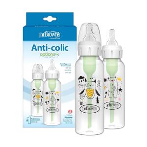 imageDr Browns Natural Flow AntiColic Options Narrow Baby Bottle Bear ampamp Owl 8 oz250 mL with Level 1 Slow Flow Nipple BPA Free 0m 2Pack