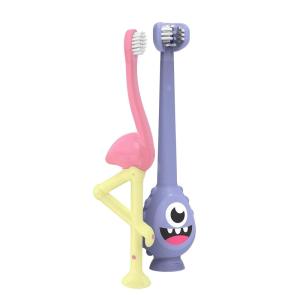 imageDr Browns ToothScrubber Toddler Toothbrush TripleSided Training Toothbrush with Suction Cup Base Green Monster Baby Oral Care Ages 14 Years2 Pack  Toddler Toothbrush  Purple Monster  Flamingo