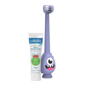 imageDr Browns ToothScrubber Toddler Toothbrush TripleSided Training Toothbrush with Suction Cup Base Green Monster Baby Oral Care Ages 14 Years2 Pack  Toddler Toothscrubber Set With Strawberry Toothpaste