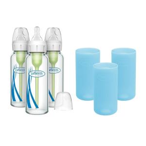 imageDr Browns Natural Flow AntiColic Options Narrow Glass Baby Bottles 8 oz250 mL with Level 1 Slow Flow Nipple 3 Pack 0m with Blue 100 Silicone Sleeves BPAFree