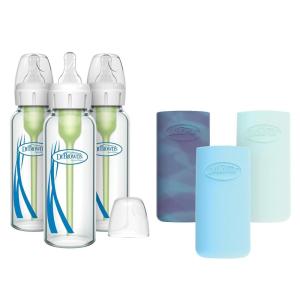 imageDr Browns AntiColic Options Narrow Glass Baby Bottles 4 oz120 mL with Level 1 Slow Flow Nipple 3 Pack 0m with Blue 100 Silicone Sleeves BPAFreeGlowBlueMint  8 oz