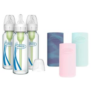 imageDr Browns AntiColic Options Narrow Glass Baby Bottles 4 oz120 mL with Level 1 Slow Flow Nipple 3 Pack 0m with Blue 100 Silicone Sleeves BPAFreeGlowPinkMint  8 oz