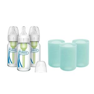 imageDr Browns AntiColic Options Narrow Glass Baby Bottles 4 oz120 mL with Level 1 Slow Flow Nipple 3 Pack 0m with Blue 100 Silicone Sleeves BPAFreeMint  4 oz