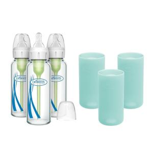 imageDr Browns AntiColic Options Narrow Glass Baby Bottles 4 oz120 mL with Level 1 Slow Flow Nipple 3 Pack 0m with Blue 100 Silicone Sleeves BPAFreeMint  8 oz
